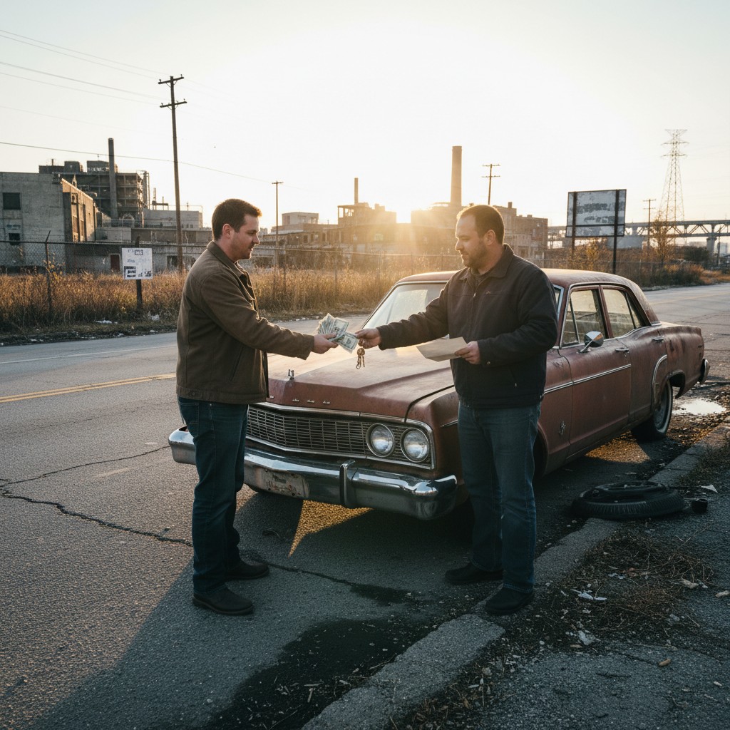 Two men exchanging money in front of an old car on the street.