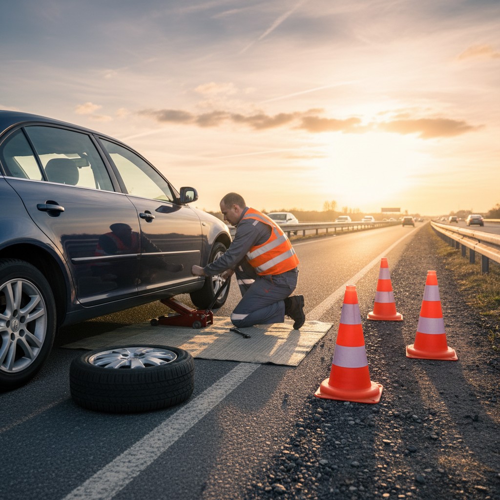 A man, wearing orange and gray safety vest and gray overalls, jacks up a car on the side of the road, where orange traffic...