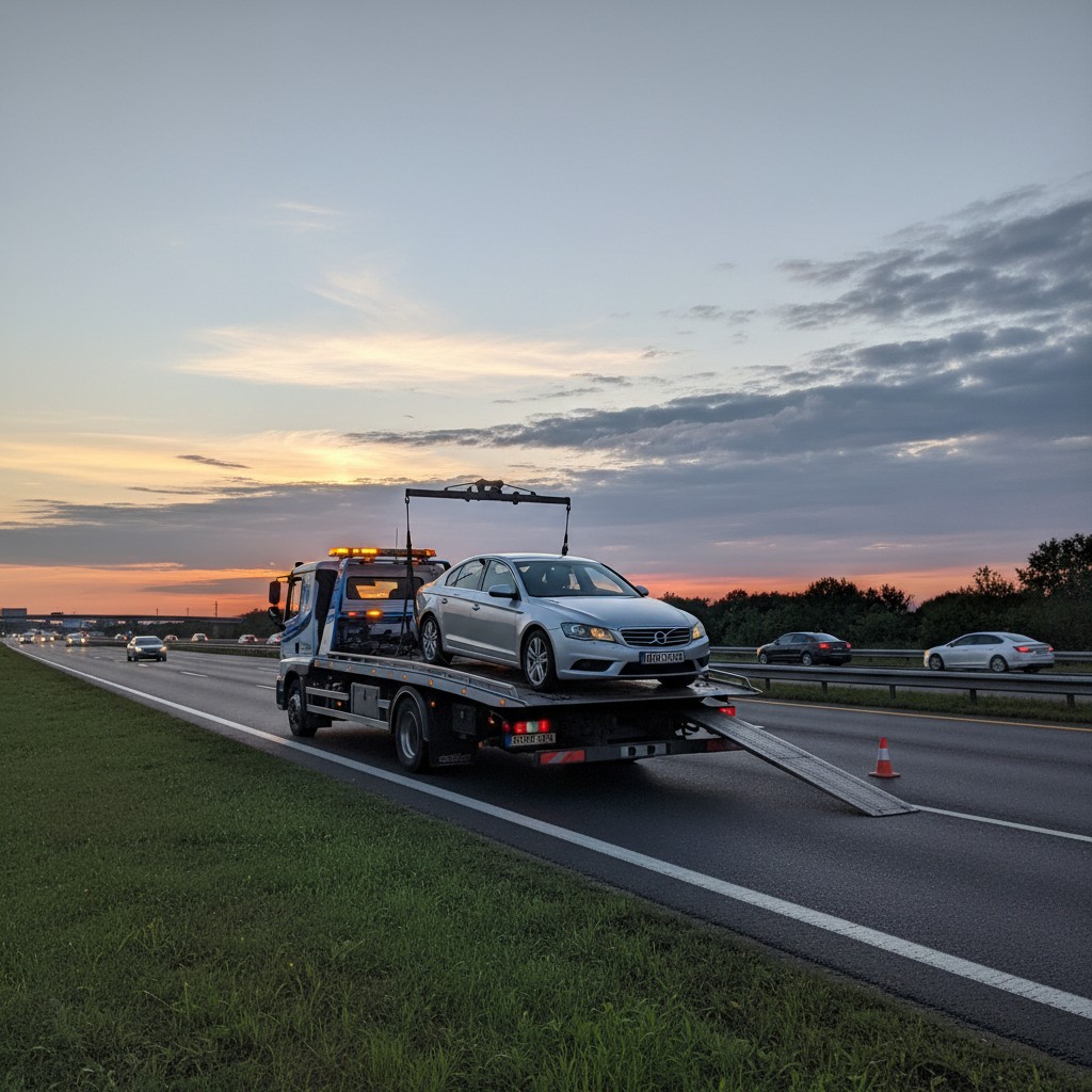 A silver Mercedes being towed on a flatbed truck. The sky is a light blue and orange from sunset. The car is facing to the...
